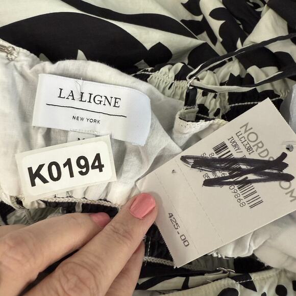 La Ligne Midi Dress Black White Smocked Cotton Poplin Medium Party MSRP $425 - Picture 12 of 12